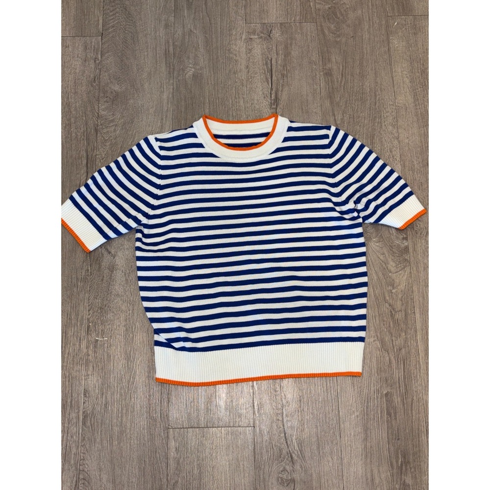 Women T Shirt Medium Blue White Striped Stretch Knit Ribbed Casual Everyday Wear